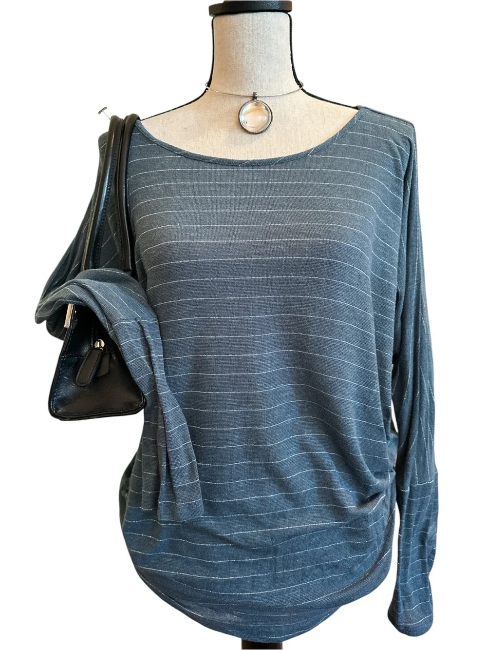 Maurices Heathered Blue Knit Top with Subtle Stripe Texture | Large - Picture 2 of 8